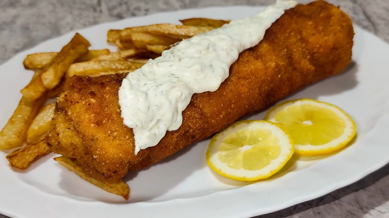 Karađorđeva šnicla sa tartar sosom, pomfritom i kriškama limuna na belom tanjiru