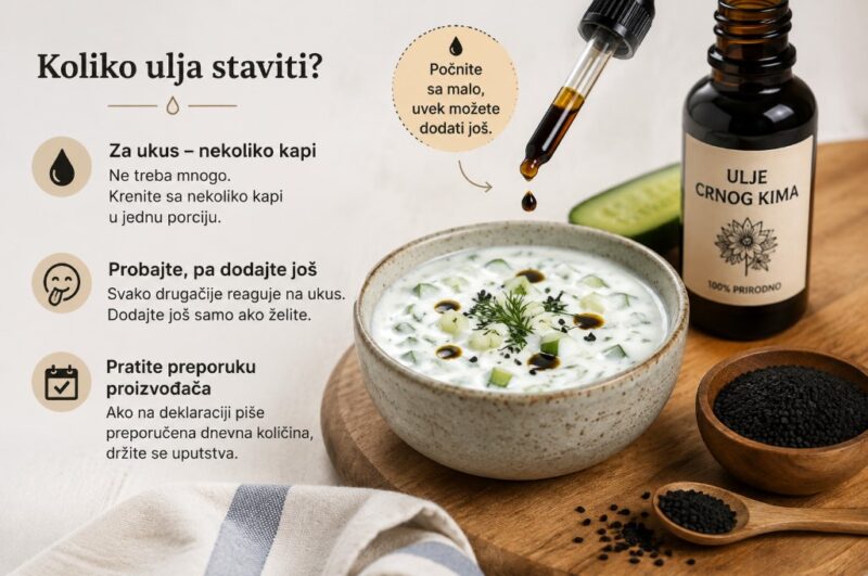 Nekoliko kapi ulja crnog kima dodaje se u porciju jogurta sa krastavcem